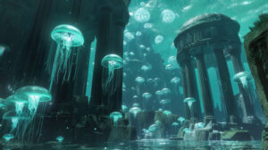 A wallpaper capturing a temple in Atlantis enveloped by a cluster of bioluminescent jellyfish crafting a mystical setting