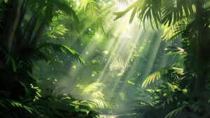 A wallpaper capturing sunlight filtering through lush dappled rainforest foliage on the forest floor