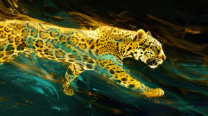 A wallpaper capturing the dynamic energy and graceful movement of a jaguar in abstract representation