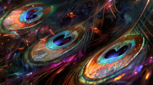 A wallpaper capturing the elegance and mystique of peacock feathers through an abstract composition that is inspired by their iridescent hues and graceful shapes