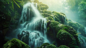 A wallpaper capturing the force of nature as a tropical rainforest waterfall flows over moss covered rocks in a cascading display
