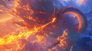 A wallpaper capturing the intensity of an anime dragon breathing fire in a dynamic scene amidst swirling clouds