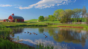A wallpaper depicting a lively farm setting complete with verdant pastures a tranquil pond mirroring the azure sky and ducks serenely gliding
