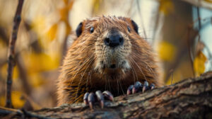 A wallpaper displaying a beavers cute face and inquisitive look set against its natural surroundings in a close up portrait