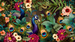 A wallpaper displaying fantastical creatures adorned with peacock feathers dancing among lush foliage and blooming flowers