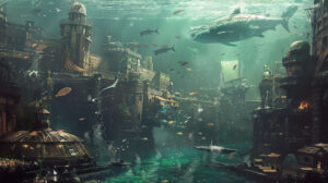 A wallpaper featuring Atlantis harbor with sunken ships and vibrant marine creatures evoking a lively underwater scene