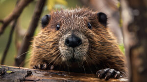 A wallpaper featuring a beavers charming face and inquisitive expression set against its natural habitat is titled BeaverCloseUp.jpg