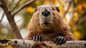 A wallpaper featuring a close up view of a beavers endearing face and inquisitive expression within its natural surroundings
