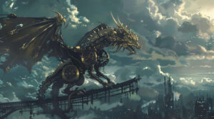 A wallpaper featuring a dragon from a steampunk inspired anime adorned with mechanical wings and gears blending fantasy themes with technological elements