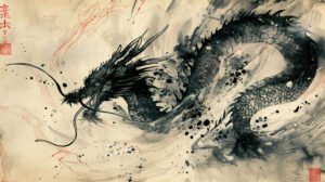 A wallpaper featuring a traditional Japanese ink painting style of an anime dragon