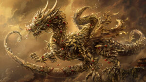 A wallpaper featuring an anime dragon embellished in elaborate armor and jewels symbolizing nobility and honor