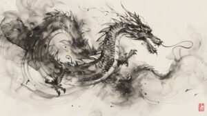 A wallpaper featuring an anime dragon portrayed in a traditional Japanese ink painting style is titled Artistic Depiction of a Japanese Ink Dragon.jpg