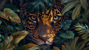 A wallpaper named Intense Stare Among Foliage.jpg captures piercing vigilant eyes of a jaguar exuding watchful intensity