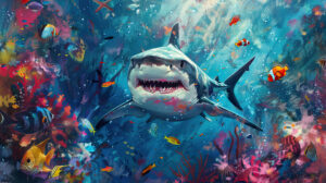 A wallpaper of a curious and innocent shark pup venturing through the ocean depths accompanied by colorful fish