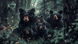 A wallpaper portraying black bears in a thick forest their shadowed silhouettes merging seamlessly with the darkness