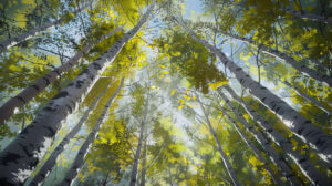 A wallpaper showcasing a grand canopy of birch trees with sunlight peeking through the leaves casting a dappled pattern on the forest floor