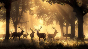 A wallpaper showcasing a herd of deer peacefully grazing in a misty forest with their antlers casting a magical silhouette amidst the morning haze