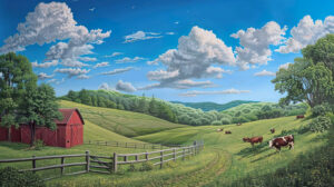 A wallpaper showcasing a picturesque rural setting vibrant green hills a charming red barn and cows leisurely grazing beneath a clear blue sky