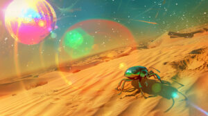A wallpaper showcasing a surreal desert view with iridescent beetles moving across sandy dunes under a scorching sun