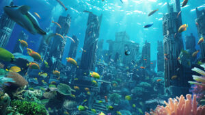 A wallpaper showcasing a view of Atlantis underwater with colorful schools of fish moving among the ancient structures