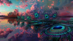 A wallpaper showcasing an otherworldly scene giant peacock feathers strewn around a serene lake mirroring the colorful sky above
