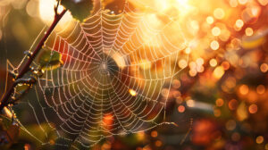 A wallpaper showcasing the detailed design and texture of a spiders web shimmering with dewdrops under the morning sun