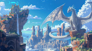 A wallpaper showing a guardian dragon amidst an anime setting overseeing a mystical kingdom embodying themes of safeguarding and power
