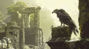 A wallpaper showing a large bird at rest amidst ancient ruins its grand presence reflecting the enduring march of time