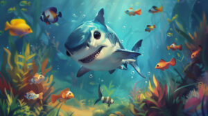 A wallpaper showing an adorable baby shark joyfully discovering the oceans depths amidst vibrant fish