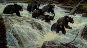A wallpaper shows a pack of black bears expertly catching salmon in a fast flowing river showcasing their skillful hunting abilities with their nimble actions