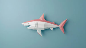 A wallpaper with a minimalistic design showcasing a solitary adorable shark set against a serene ocean blue backdrop exuding simplicity and charm