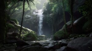 A waterfall in a jungle with sun kisses makes for a calming wallpaper