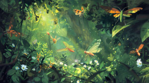 A whimsical bug kingdom illustrated with artistic flair showcasing fanciful insects indulging in playful activities amidst lush foliage