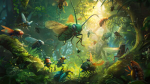 A whimsical bug kingdom with fanciful insects engaged in playful activities among lush foliage is captured in the wallpaper named Jovial Insect Realm