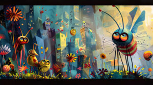 A whimsical illustration of fantastical bugs with exaggerated features and vibrant colors, creating a playful and imaginative scene