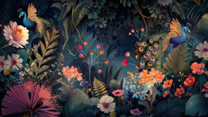 A whimsical illustration of fantastical creatures adorned with peacock feathers, dancing amidst lush foliage and blooming flowers