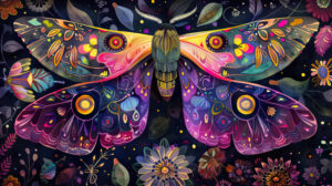 A whimsical illustration of fantastical moths with vibrant patterns and jewel like colors, creating a magical atmosphere