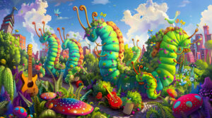 A whimsical illustration of playful caterpillars engaged in a variety of activities, from dancing to playing instruments, in a colorful garden setting