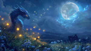 A whimsical scene of an anime dragon playfully chasing fireflies in a moonlit meadow capturing a sense of innocence and wonder