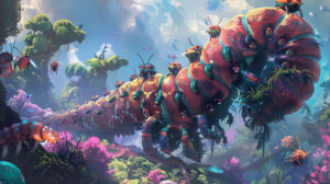 A whimsical scene of caterpillars riding on the backs of friendly insects, embarking on an adventurous journey through a fantastical landscape