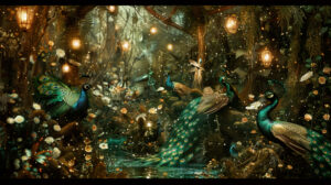 A whimsical scene of fairies and woodland creatures adorned with peacock feathers, creating a magical and enchanting atmosphere