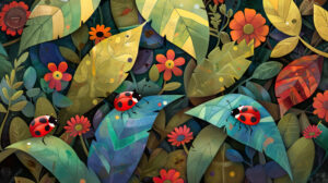 A whimsical scene of friendly ladybugs navigating a patchwork of leaves and flowers, bringing joy to the garden