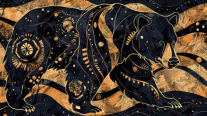 Abstract black bear patterns in earthy tones, evoking the rugged beauty of the wilderness