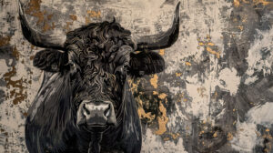 Abstract black bull patterns in shades of gray and black, evoking the rugged elegance of the wilderness