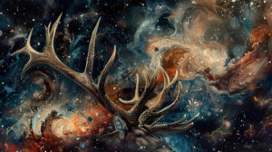 Abstract depiction of antlers against a backdrop of swirling galaxies, blending the cosmic and earthly realms