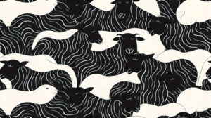Abstract pattern of black sheep in a minimalist design, capturing the essence of pastoral life in monochrome