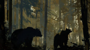 Abstract portrayal of black bears in a thick forest where their dark silhouettes merge effortlessly with the shadows in the background