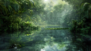 Abstract rainforest reflections in a tranquil pond, capturing the beauty of nature