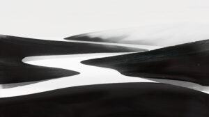 Abstract representation of a black and white landscape, with rolling hills and winding rivers, evoking a sense of serene simplicity and natural beauty
