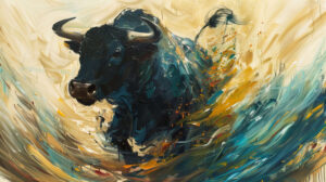 Abstract representation of a black bull charging through a field, its energy captured in dynamic brushstrokes